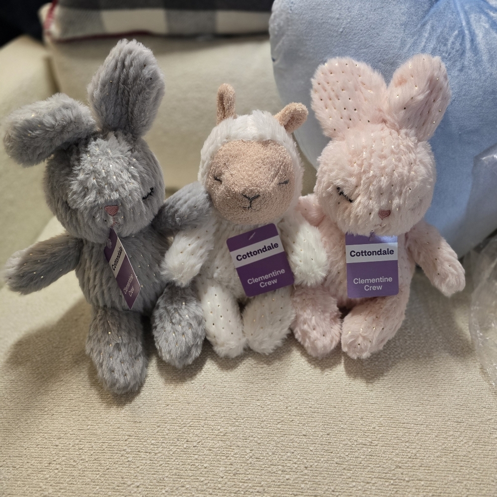 NWT CLEMENTINE CREW 2 Bunnies & a Lamb, Super Soft! Gold Glitter Embellished 9"